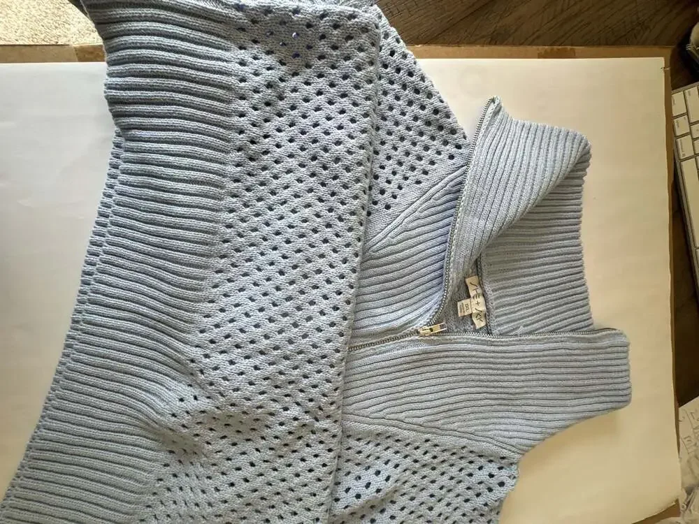 SHE+SKY Light Blue Pointelle Knit Half-Zip Short Sleeve Sweater